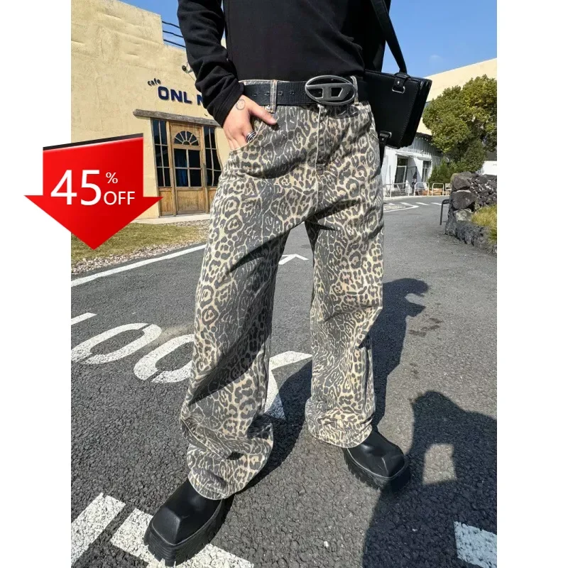 

Y2K leopard-print distressed loose-fit men's jeans vintage streetwear men joggers men clothing 하렘 바지 1:1 baggy hosen men pants