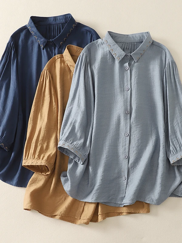 

Retro Linen Cotton Blend irt Women's Loose Fit Summer Casual Embroidered Collar Seven Sve Loose Slimming Top