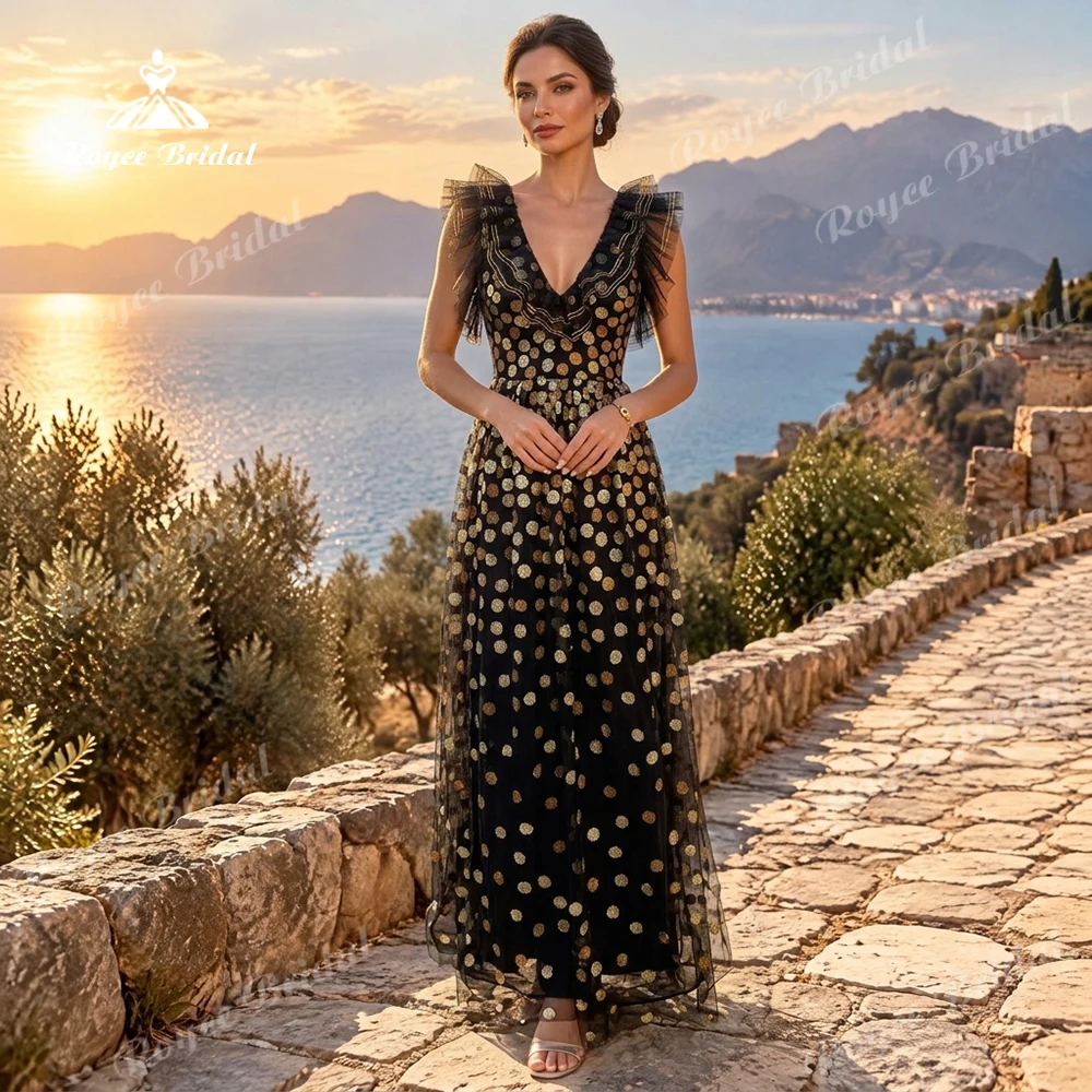 Gold Polka Dot Tulle Floor Length Prom Dress Deep V Neck Ruffle A Line Evening Dress Women's formal evening gowns Customized