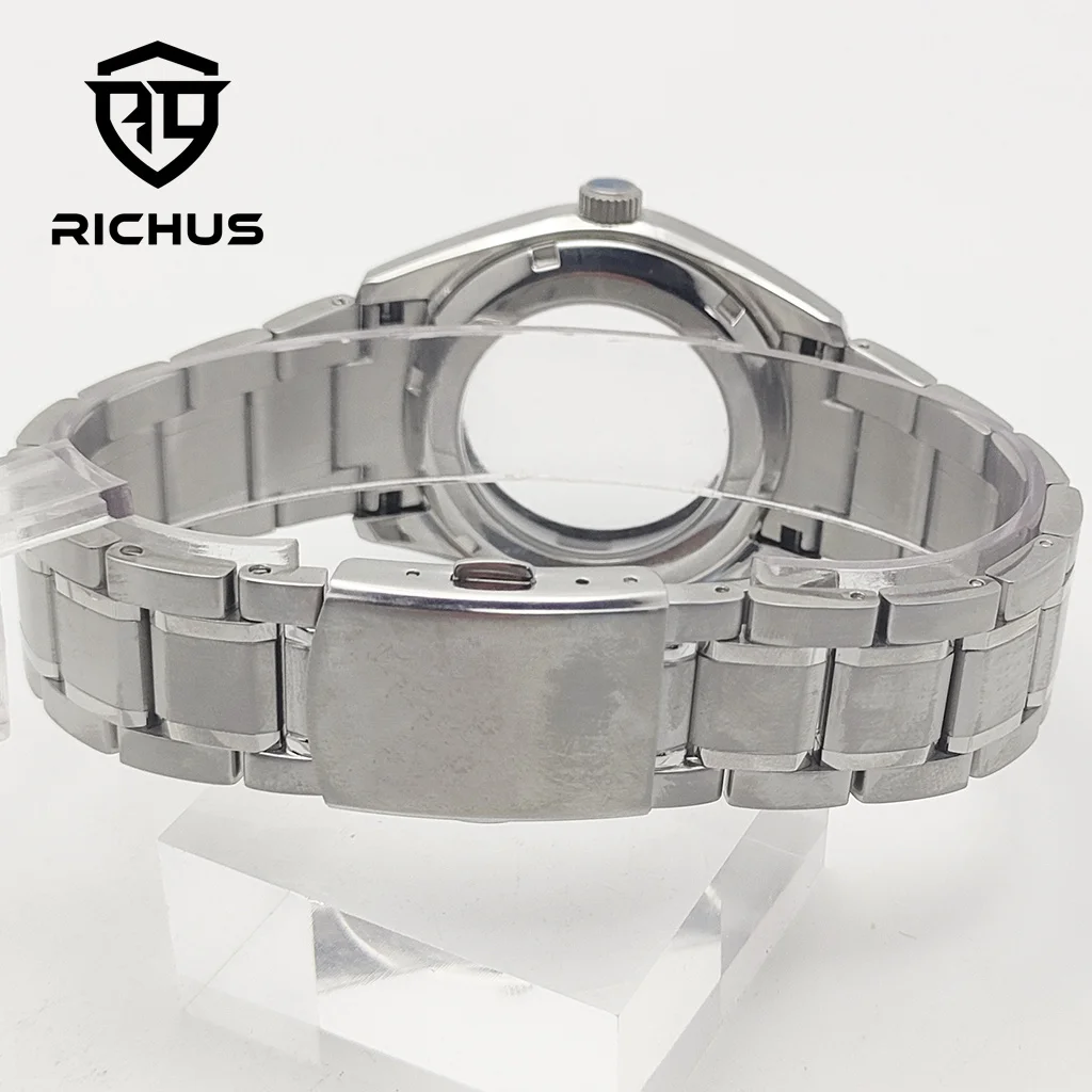 Caja de reloj RICHUS NH35 de 40mm plateada con correa de cristal de zafiro compatible con movimiento NH34 NH35 NH36