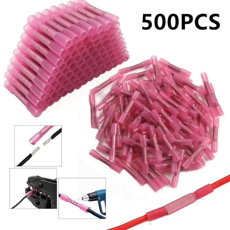 500/1000PCS Red Heat Shrink Connectors Insulated Waterproof Crimp Terminals Seal Butt  Electrical Wire Connector 22-18 AWG