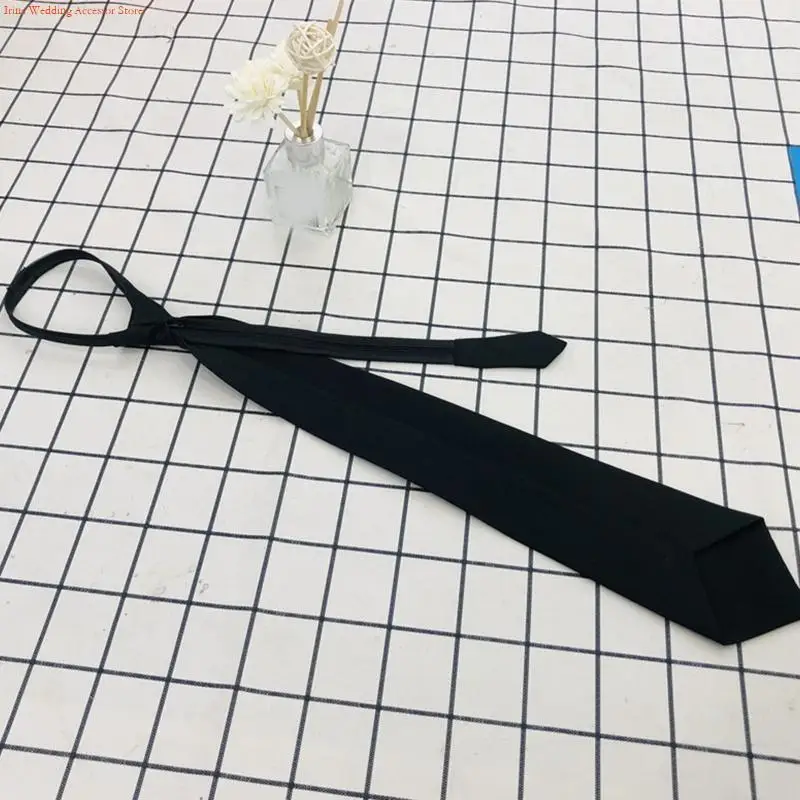 G92D Women Men Retro Color Silky Narrow Necktie Wedding Party Groom Preppy School Uniform Zipper Pre-Tied for