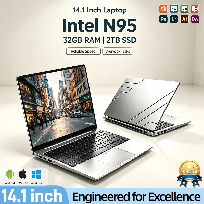 14.1" Intel Intel N95 Laptop Computer 1920x1080 32GB RAM 1TB 2TB SSD Portable Notebook PC Office Study Laptops Core