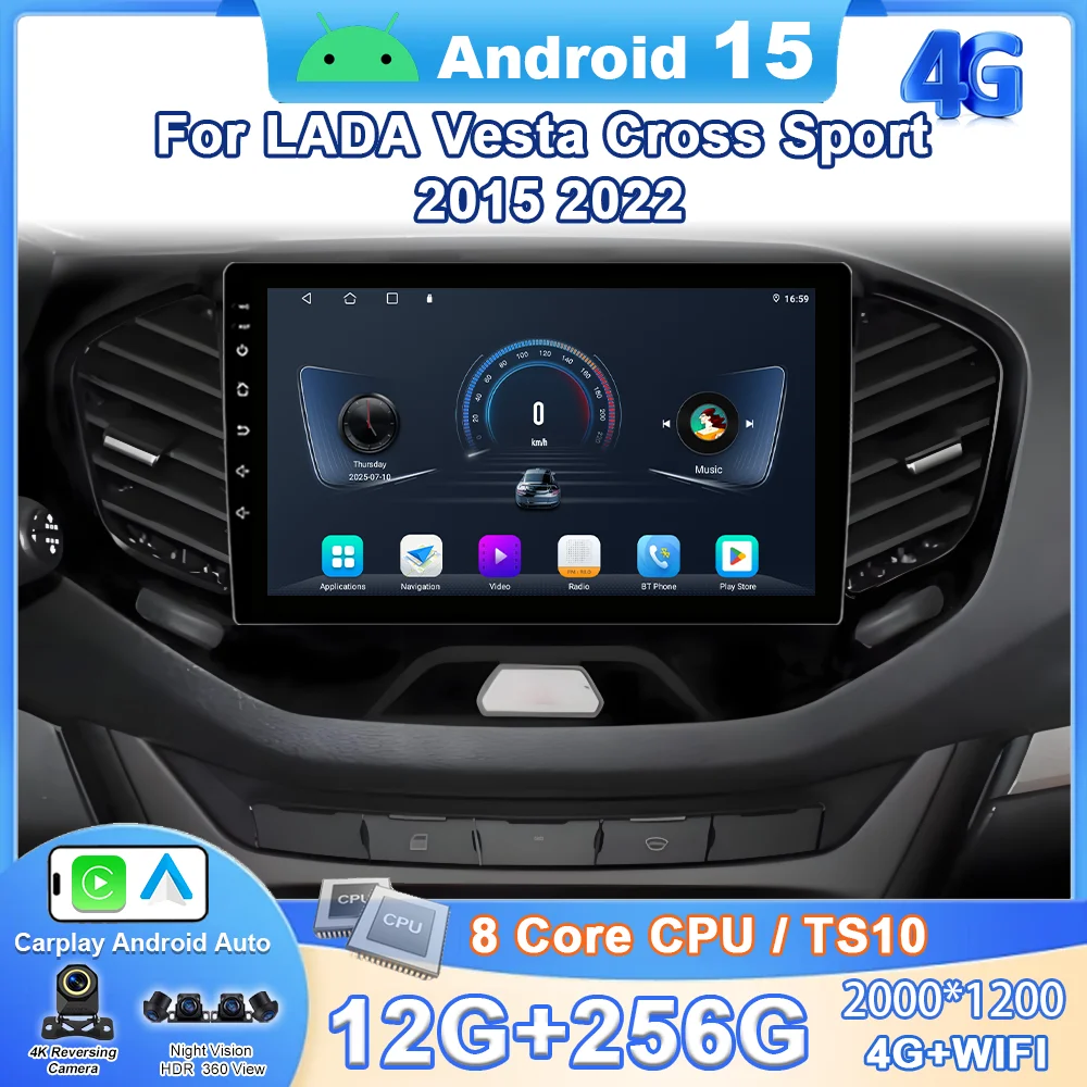 Car For LADA Vesta Cross Sport 2015 - 2022 Android 15 CarPlay Auto Radio Stereo Multimedia Video Player GPS Stereo 4G WIFI QLED