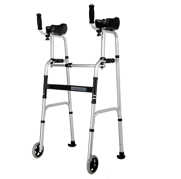 Walker with wheels with seat, aluminum alloy disabled four-legged crutch rehabilitation assistance