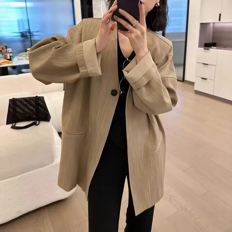 

UNXX Hong Kong Style Retro Milk Tea Color Suit Jacket Women Spring Autumn High-end 2024 New European Goods Niche Top Hot Sale