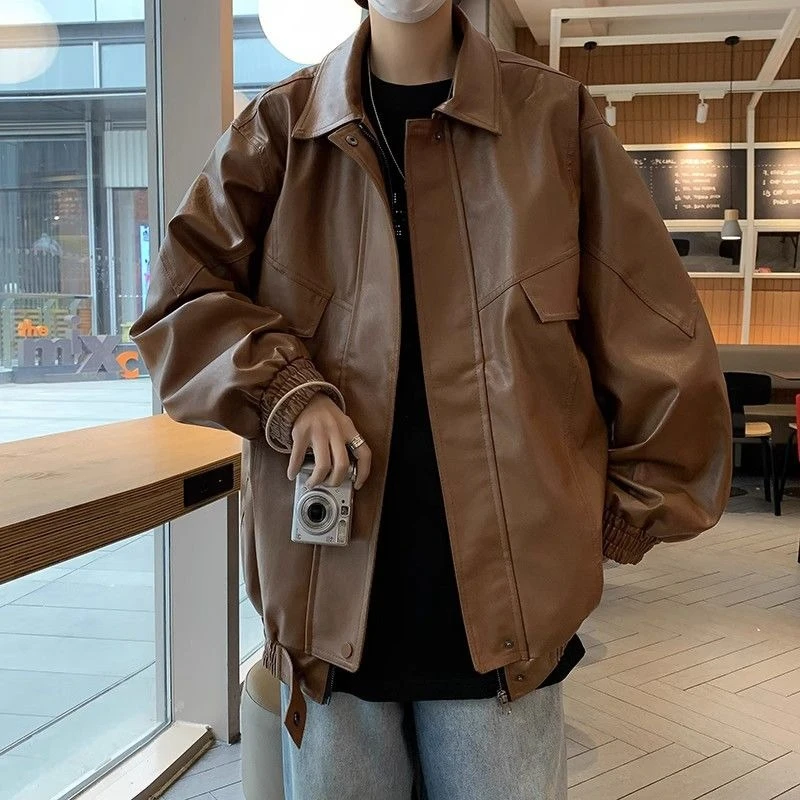 

Коричневая винтажная мотоциклетная кожаная куртка для мужчин, свободная байкерская стильная куртка с лацканами, американская модная брендовая весенне-осенняя верхняя одежда