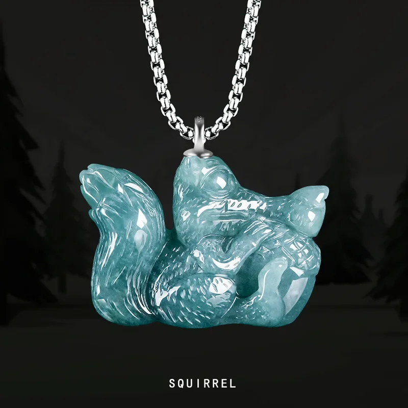 Natural A-goods Jadeite Blue Water Small Squirrel Cartoon Pendant Jade Men Women Fashionable Cute Beads Treasure Jade Necklace