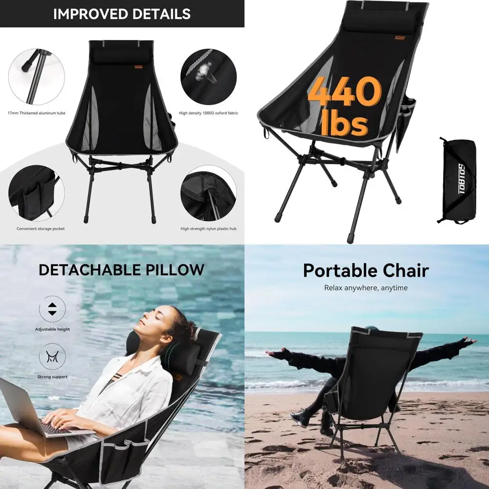 

Ultralight High Back Camping Chair, 440 lbs Capacity, Compact Backpacking Seat for Outdoor Adventures (Black)