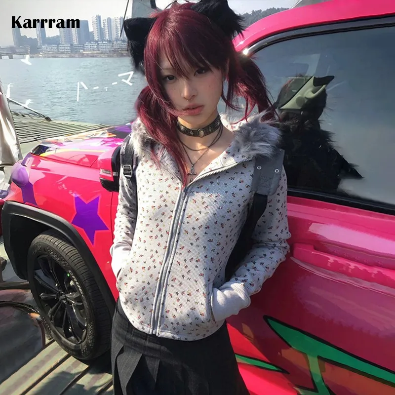 Karrram Japanese Y2k Fur Hooded Coat Vintage Harajuku Floral Winter Jacket 2000s Aesthetics Rhinestone Print Outerwear Fairycore