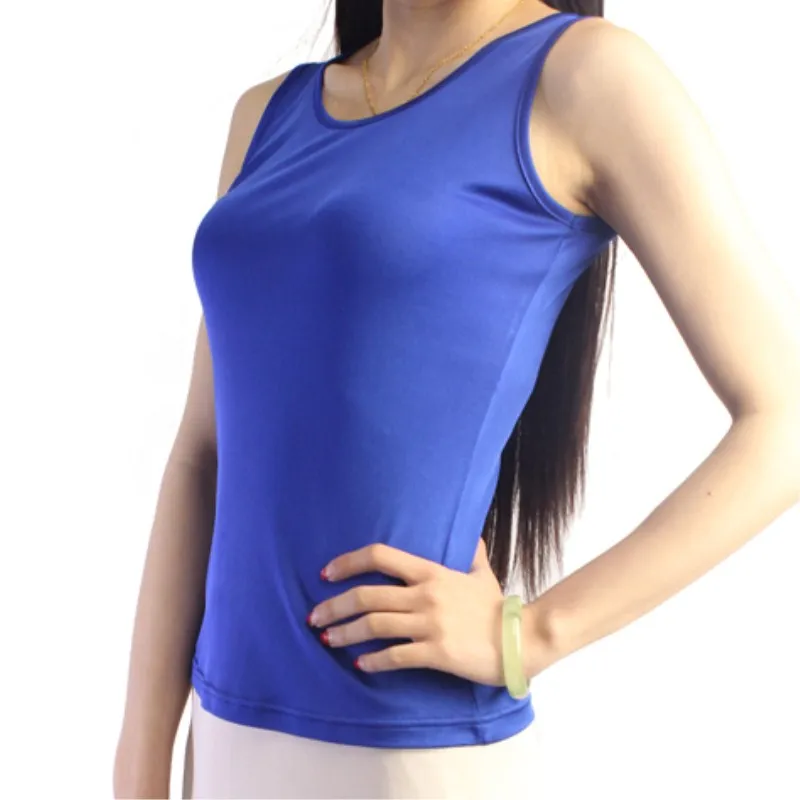 Women's Solid O Neck Stretch Sleeveless Silk Tops, Summer Hedging Silk Tees, Lady Slim Shirts, Spring, Hot Sale