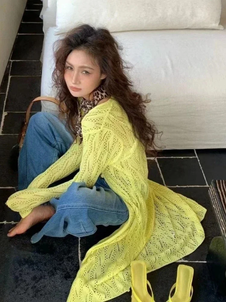 

Длинный кардиган с вырезами, женская одежда, однобортный осенний Sueter Mujer Pull Femme, корейский модный универсальный вязаный свитер