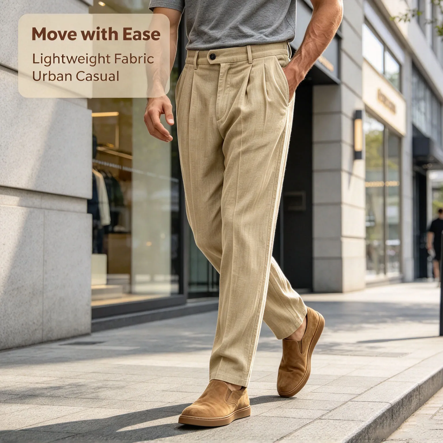 Men’s Linen-Blend Pleated Khaki Chinos product image