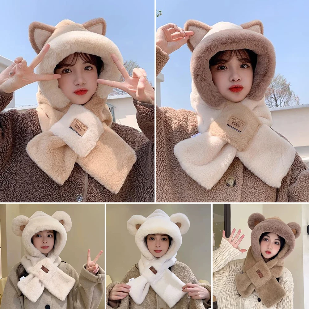 Girls Plush Hat Scarf In One Versatile Anti-Freeze Hooded Scarf Cute Fluffy Hat Winter Thickened Windproof Hooded Scarf