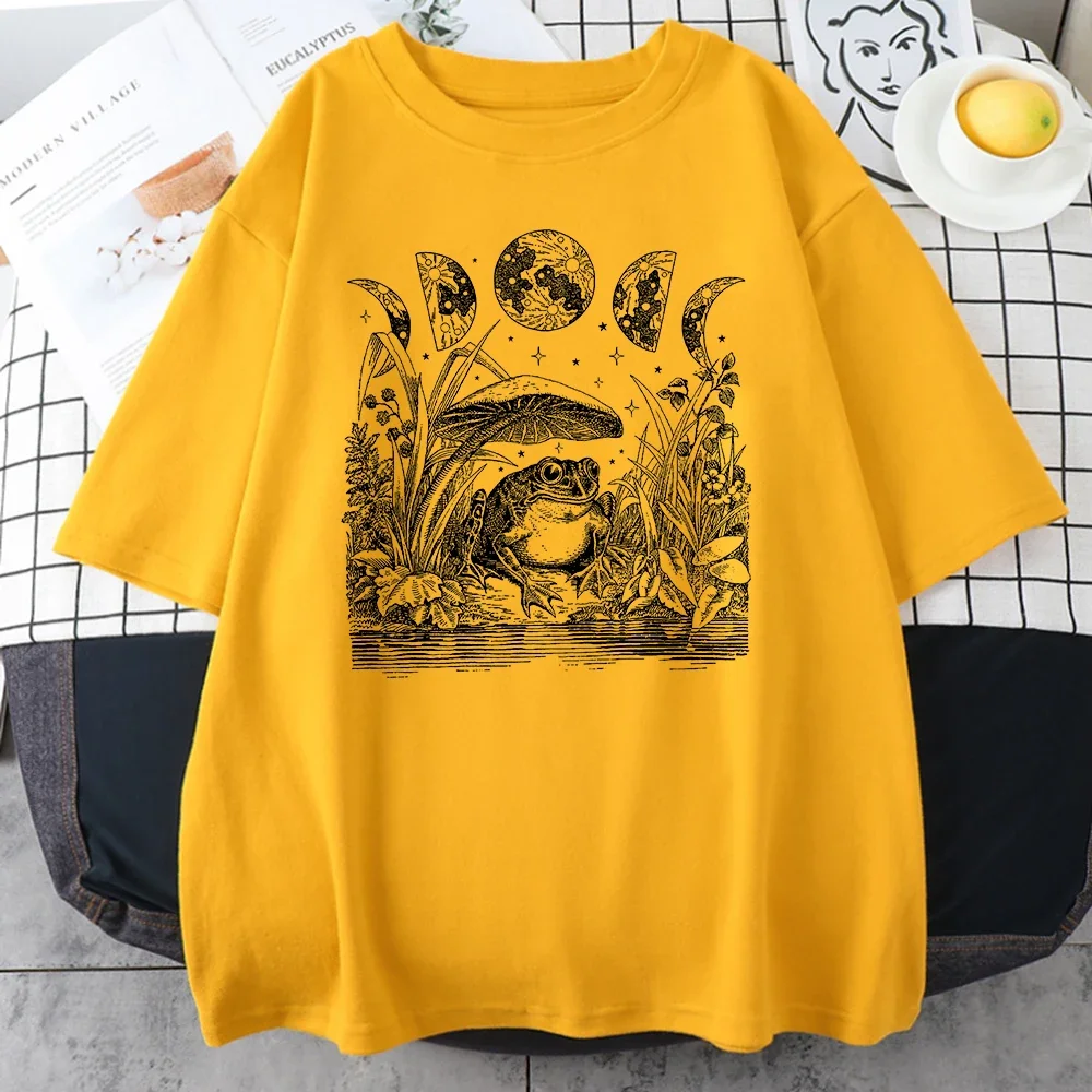 T-shirt en coton surdimensionné décontracté vintage pour hommes, tee-shirt créatif, chambre lente, lune, agecore esthétique, jugement mignon, grenouille, sorcière