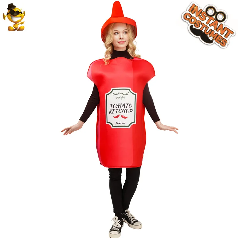 Ketchup mostarda picante Cosplay fantasia com chapéu para mulheres e homens, terno de Halloween, roupa de festa engraçada