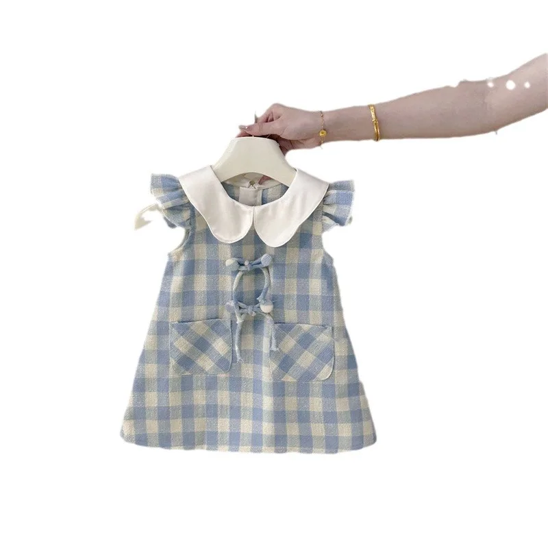 NL-Girls French Dress Summer Blue for Children Plaid Vest Skirt Doll Collar Girl Sweet Princess Dress