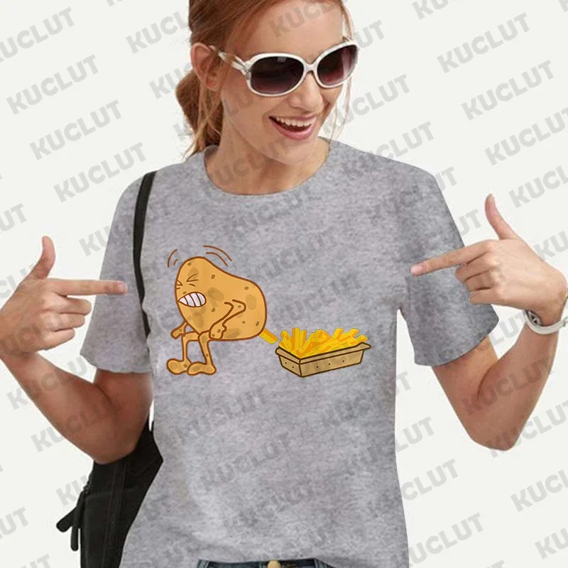 Funny Potato Fries Print Women T Shirt Clothing Short Sleeve O Neck Women Tshirt Ladies Tee Shirt Tops Clothes Camisetas Mujer