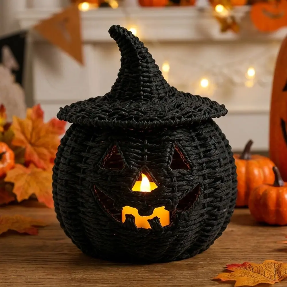 Vintage Halloween Pumpkin Statue with Witch Hat Woven Texture Resin Pumpkin Lantern Removable Lid Spooky Lantern Storage Box