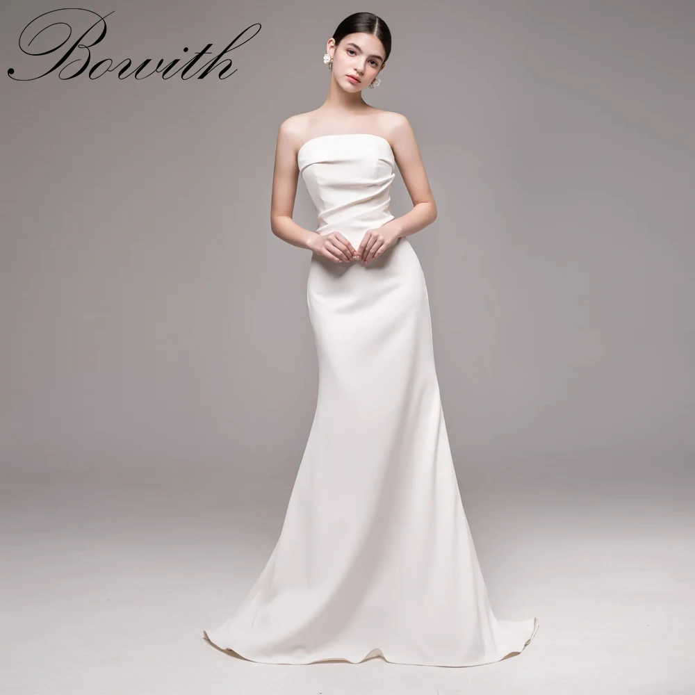 Bowith Simple Mermaid Wedding Dresses Strapless Floor-Length Soft Satin Bridal Gown Customized Photo Shoot Dresses for Bride