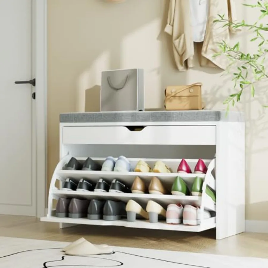

Shoe Storage Bench with 3-Tier Flip Drawer Shoe Rack Bench with Adjustable Shelves Hidden Storage Space Shoe Organizer for Entr
