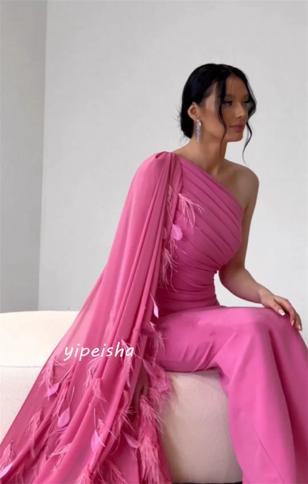 Evening Jersey Feather Ruched Formal  A-line One-shoulder Bespoke Occasion Gown Midi Dresses