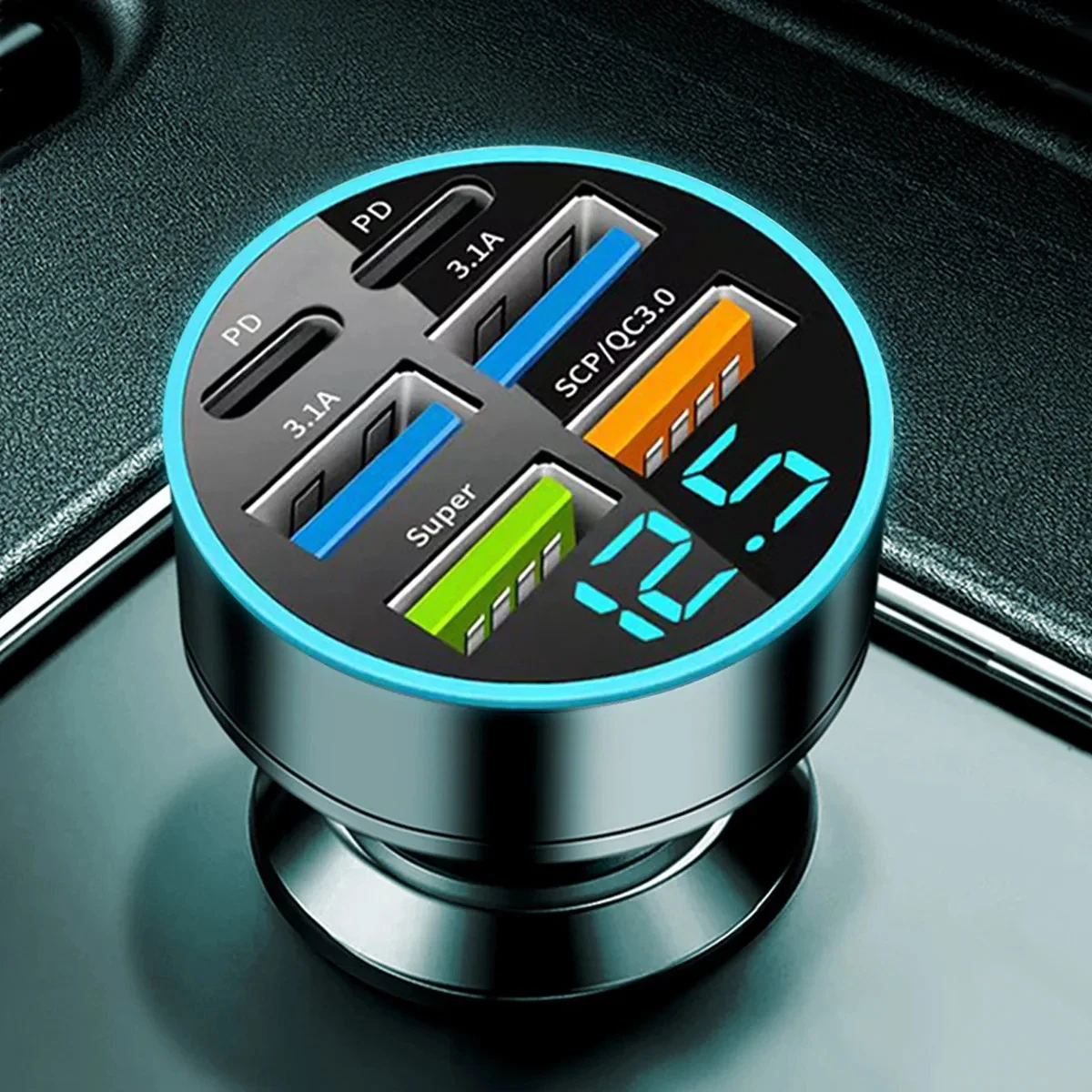 

66W Car Charger Fast Charging Digital Display PD QC3.0 Metal Multifunctional Car Converter 4USB+Type-C for iPhone Samsung Millet