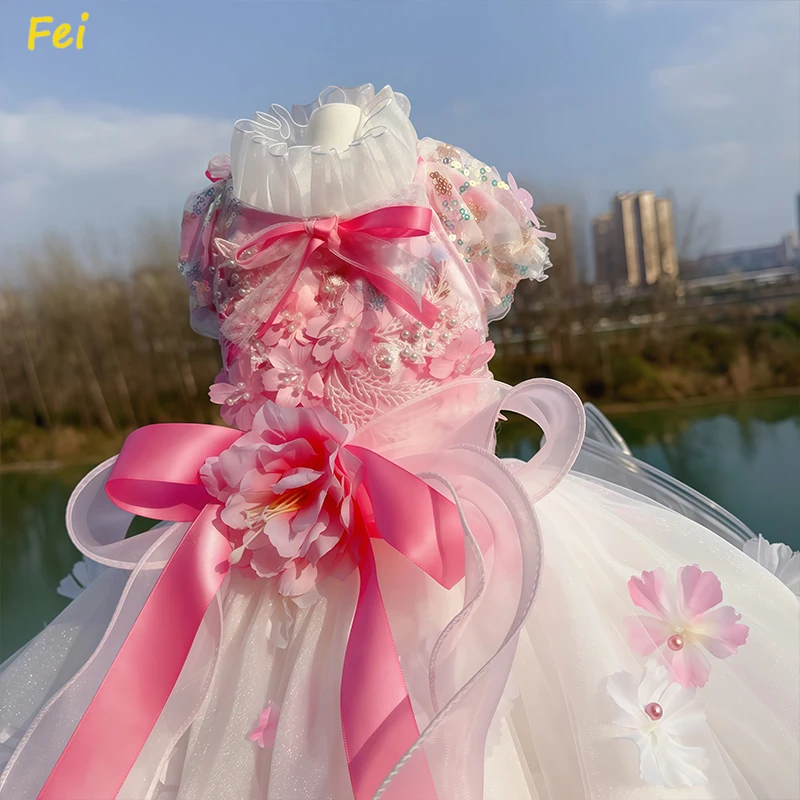 

Pure Handmade Pet Dog Clothes Luxury Pearl Flower Decor Lace Long Tail Princess Dresses For Small Medium Dog Pink Skirts Puppy
