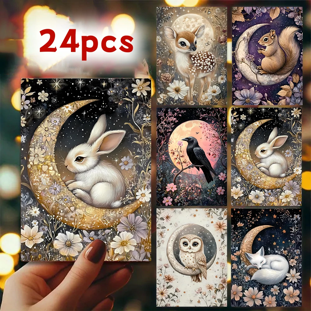 24 Stück, Blumen-Mond-Tier-Grußkarten-Set mit Umschlag für jedermann, DIY-Grußkarten, Einladungskarten, multifunktionaler Spaß