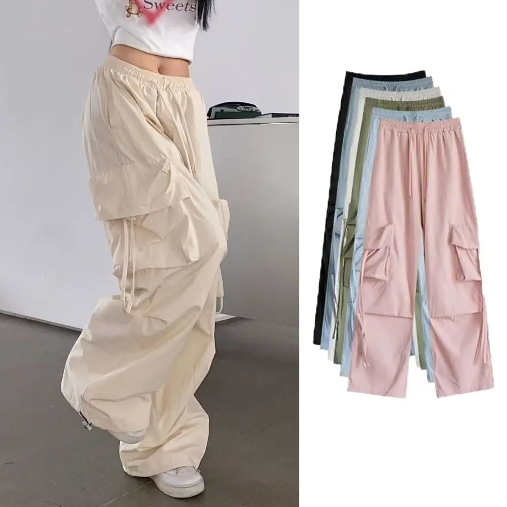 الرباط واسعة الساق Sweatpants متعددة جيوب المتضخم السراويل البضائع الفضفاضة Y2K عالية الخصر النساء ركض بنطلون رياضي
