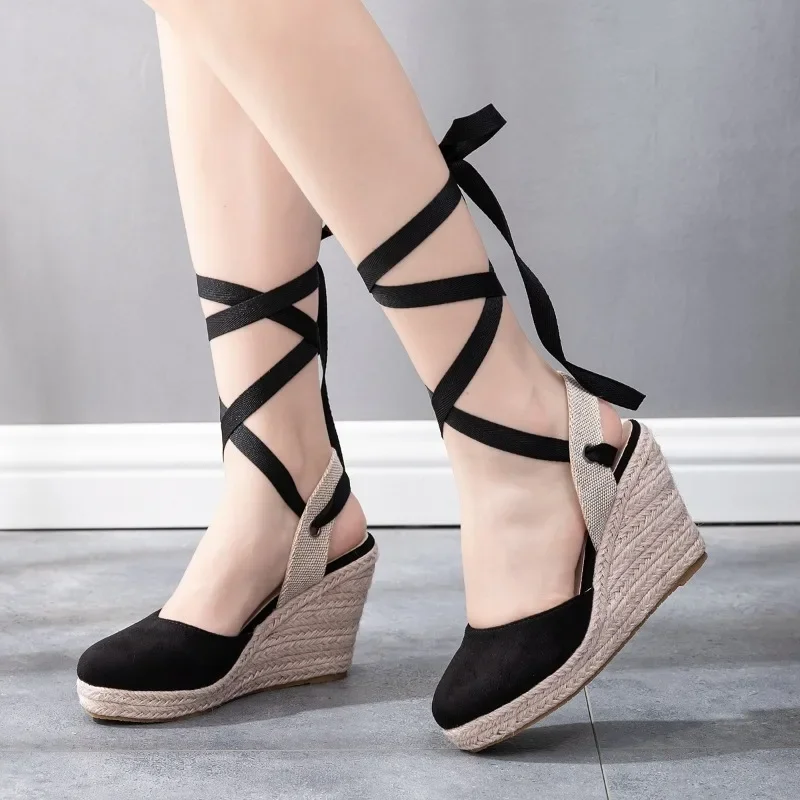 Women Fashion Spring Autumn Pumps Mixed Colors Platform Wedding Flock 10CM Weave Wedges Heels Tie Fashion Woman Shoes