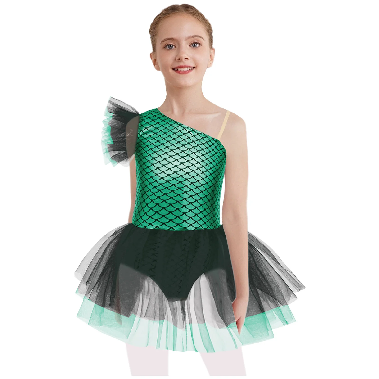 Детское платье для балета и танцев для девочек, фигурного катания, гимнастики, карнавальный костюм на Хэллоуин, костюм русалки с принтом рыбьей чешуи, сетчатый купальник-пачка