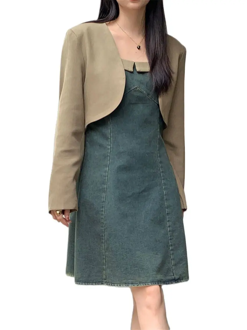 PLAMTEE Elegant Office Lady Blazers Women Slip Denim Dress Sweet Autumn Chic Work Wear New Slim Daily OL High Street Suits