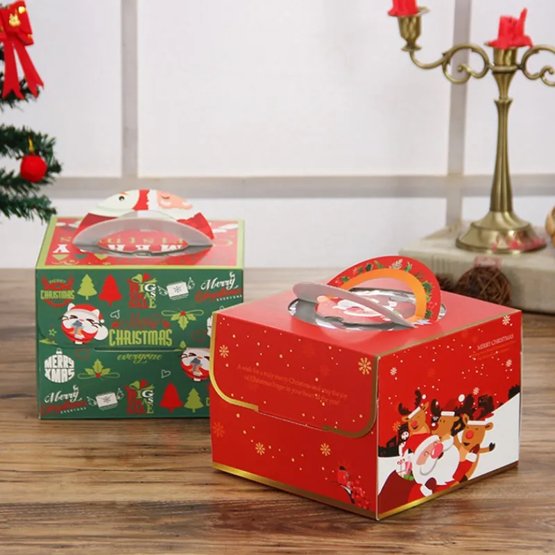 Christmas Handheld Cake Box Printed Candy Cases Holiday Gift Packaging Paper Bag New Year Party Decoration Festival Supplies