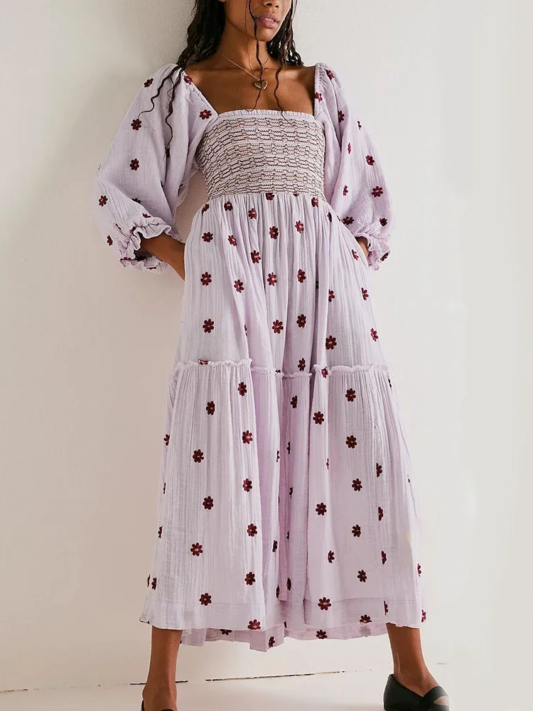 GypsyLady Floral Embroidery Maxi Dress Spring Autumn Long Sleeve Loose Boho Women Ruffles Casual Holiday Tiered Ladies Dresses