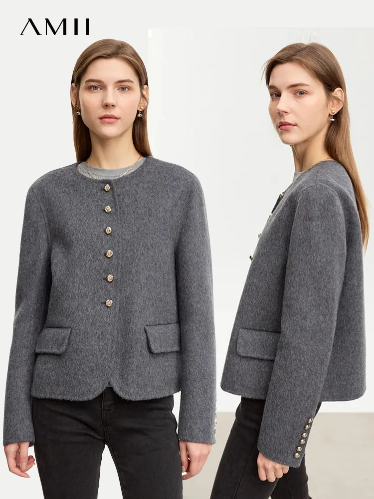 AMII Minimalista di Lusso Tweed Giacca di Lana Delle Donne 100% Cappotto di Lana 2024 di Inverno Alla Moda Breve Vintage di Qualità Giacca di Moda