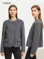 AMII-Chaqueta minimalista de lana de Tweed de lujo para mujer, abrigo de lana 100%, chaqueta corta de moda de calidad Vintage a la moda para invierno 2024 12324014