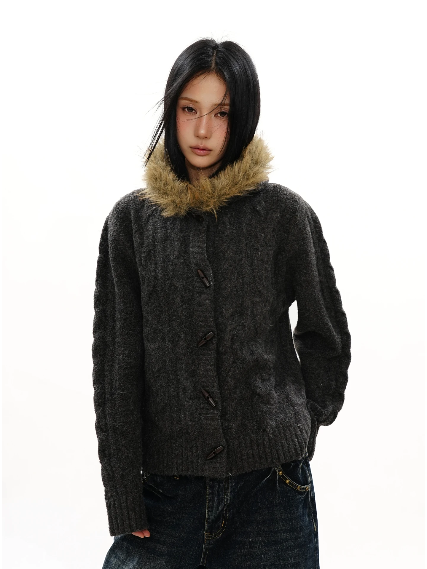 

S3T5 Heavyweight Hooded Open Cardigan Sweater Men Women Autumn Winter Loose Fit Detachable Large Fur Collar Knittedwear