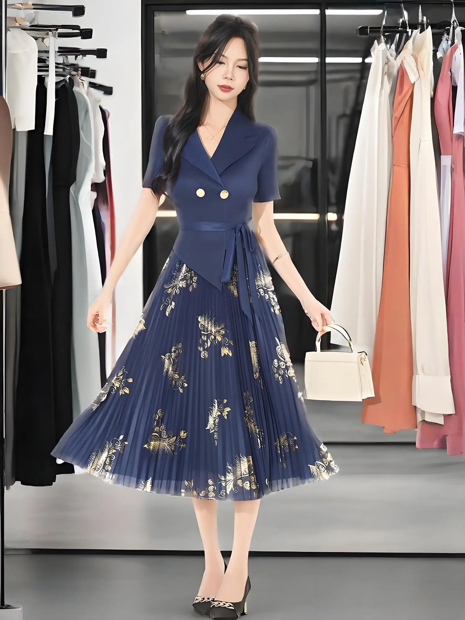 

Miyake's New Spring and Summer Women's Dress Large Size Fashion Pleated Bronzing Suit Collar Waist Strap Medium and Long Dress