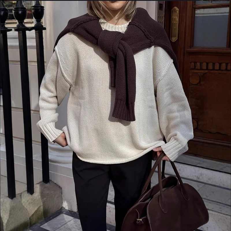 Ticketsx Solid Knitted Sweater Women's Long Sleeve O Neck Patchwork Oversize Top Female 2025 New Autumn Casual Pullover Sweater