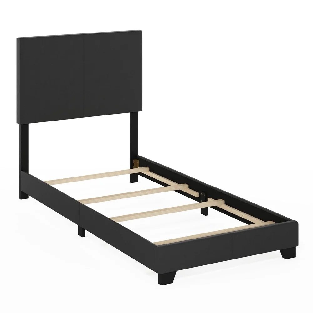 Twin XL Upholstered Bed Frame Black Leather Modern Platform Design Easy Assembly Space Saving Solution