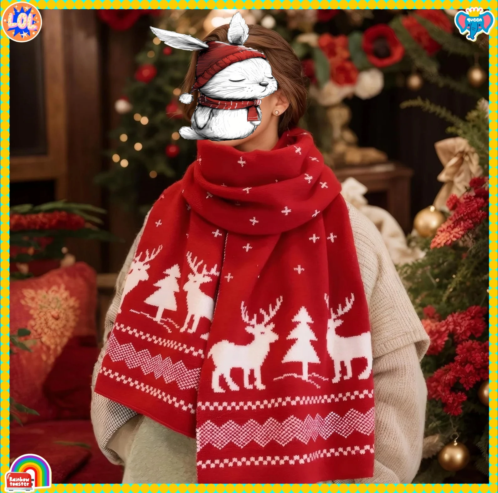 1 szt. Świąteczny szalik renifera, dziergany, ciepły, dwustronny wzór, zimowy dodatek modowy na święta dla kobiet i dziewcząt, prezent na przyjęcie bożonarodzeniowe.
