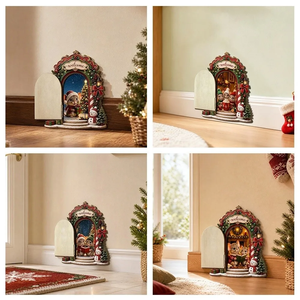 Novelty Openable Door Christmas Mouse Hole Wooden Creative Fairy Elf Door Mini Funny Dollhouse Home Decorations Outdoor Yard Art