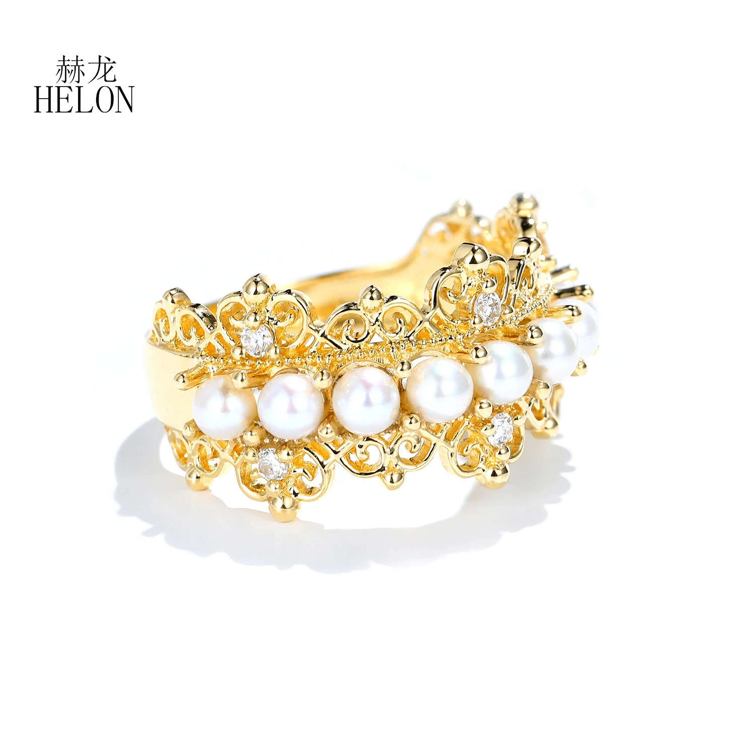 HELON Solid 14K AU585 Yellow Gold Round Genuine White FreshWater Pearl Engagement Ring Women Real Diamond Vintage Fine Jewelry