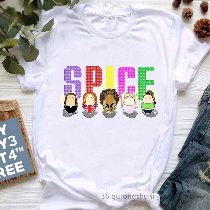 Fajna Spice Girls koszulka damska T-Shirt panieńskie topy nadruk liter koszulka z nadrukiem Femme Streetwear z lat 90.