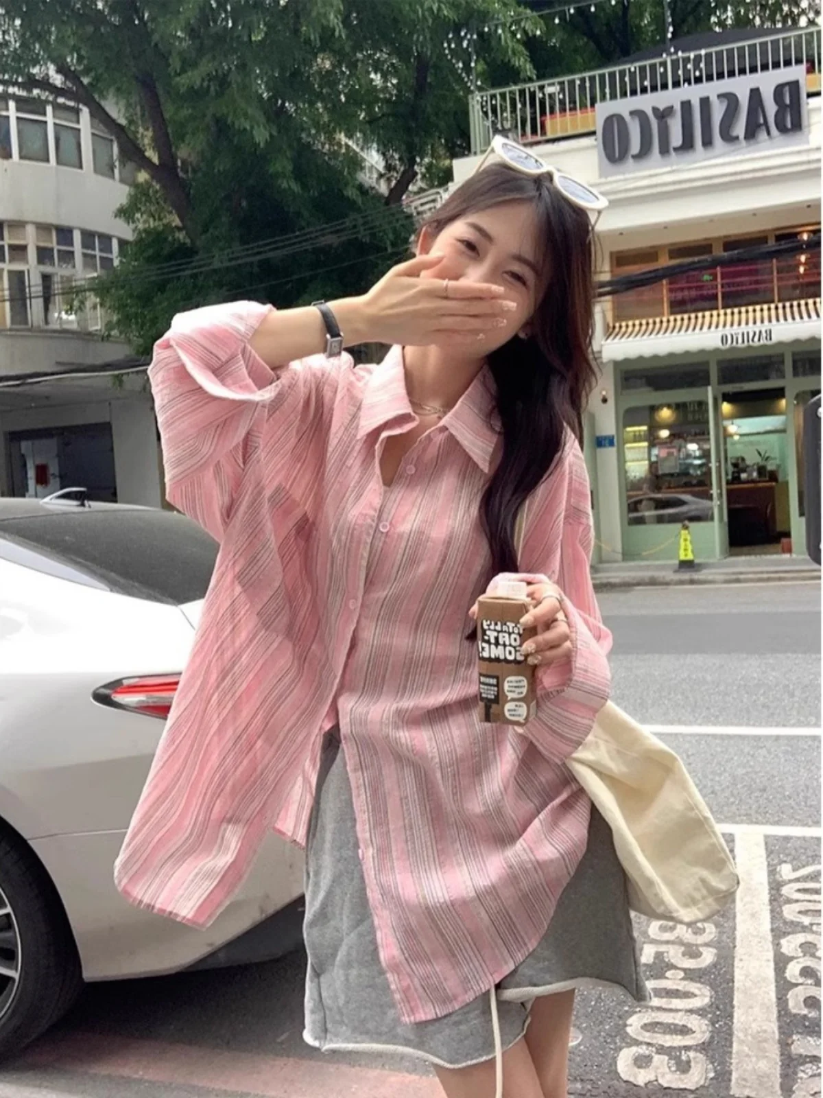 Chaqueta tipo csa hoada a rayas rosas para mujer, cárdigan abierto de talla ande, cómodo y transpirable, protección so...