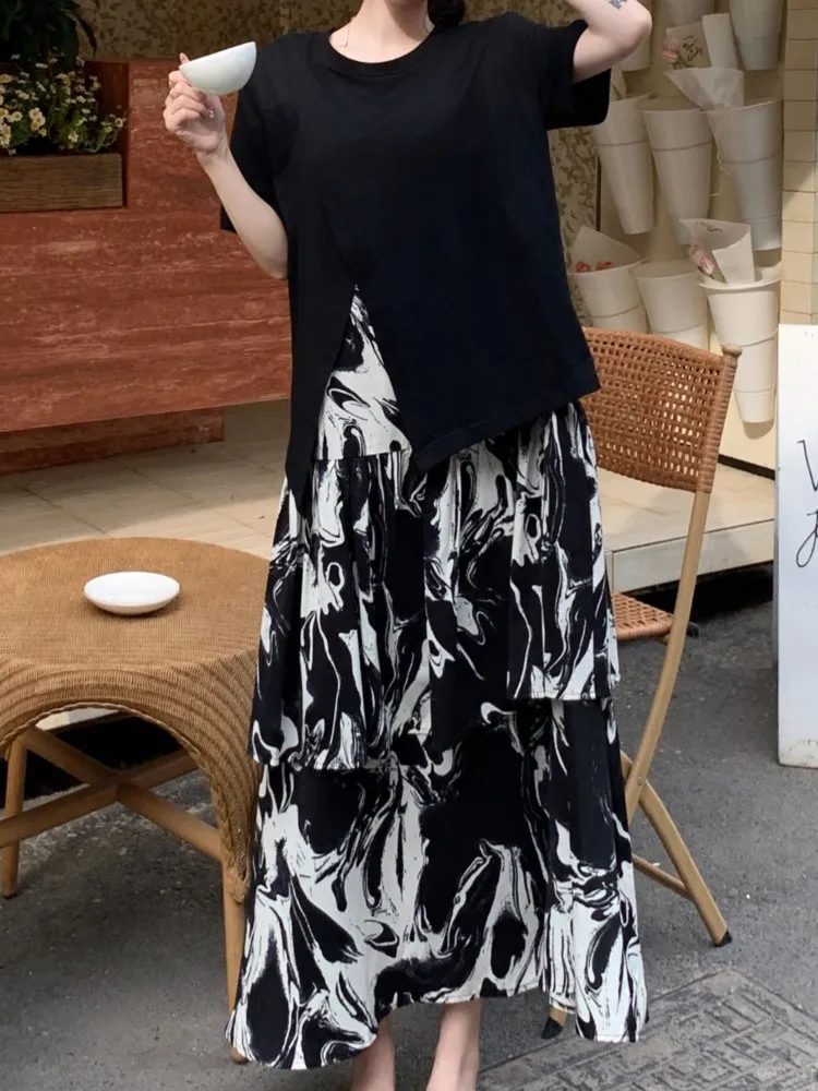 Mozigda 특대 여름 가짜 두 조각 세트 패치 워크 인쇄 꽃 드레스 여성 느슨한 긴 여자 드레스 숙녀 드레스 Vestidos