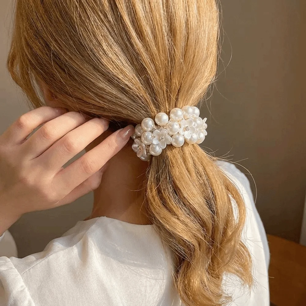 Decorative Sweet Faux Pearl Hair Ties Hand-Woven 2 in 1 Hair Accessories Bracelet Elegant Elastic Hair Rope Women