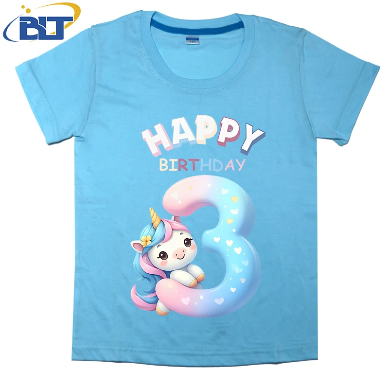 Happy Birthday 3 Years Old Cute with Unicorn Design Print KidST shirt in summer cotton short -sleeved casual top