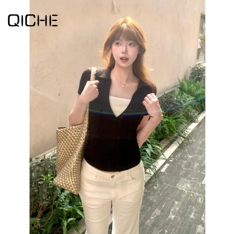 QICHE New Summer Ladies Top Minimalist Design Contrast 2 In 1 Polo Neck T Shirt Slim Versatile Short Sleeve Casual Wear